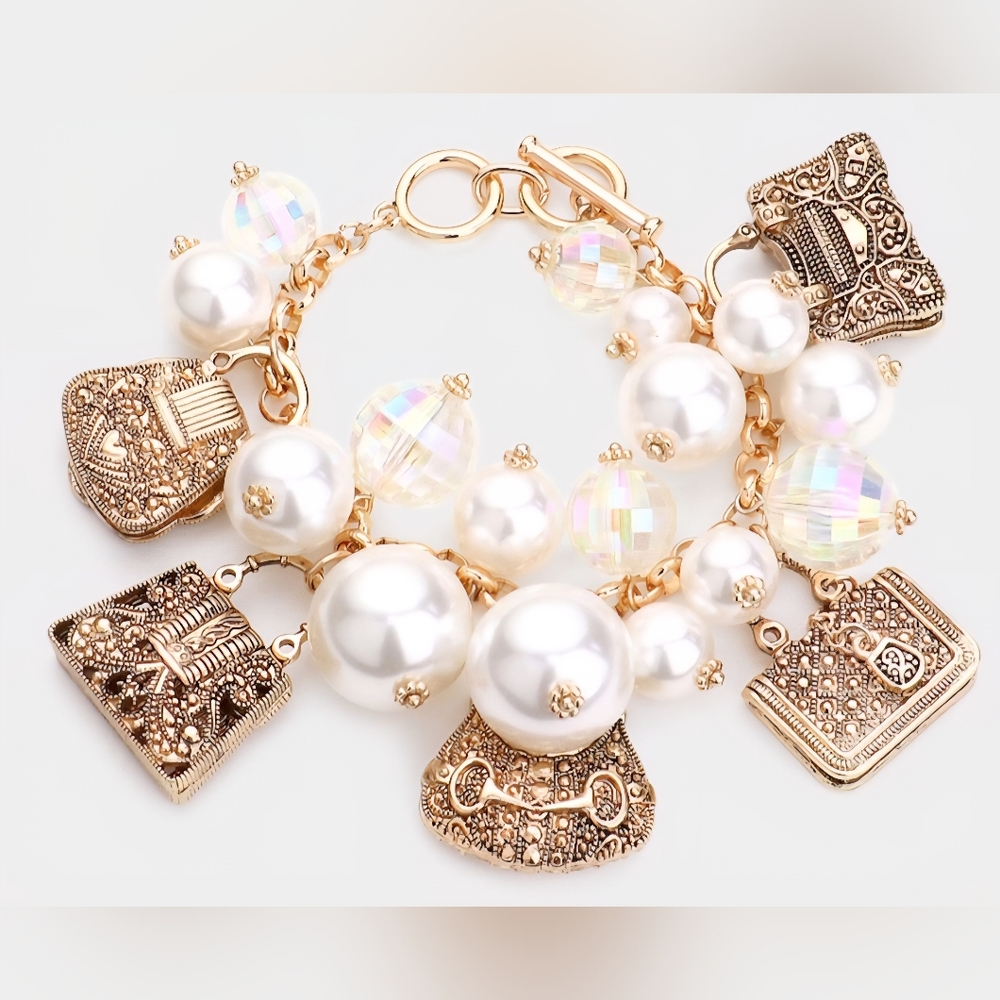 Metal Tote Bag Charm Pearl Cluster Toggle Bracelet